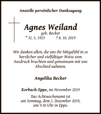 Traueranzeige von Agnes Weiland von WLZ