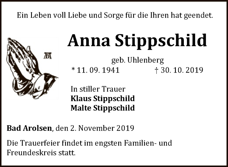  Traueranzeige für Anna Stippschild vom 02.11.2019 aus WLZ