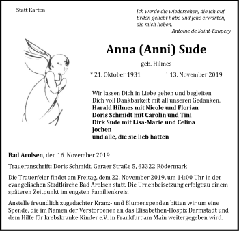 Traueranzeige von Anna Sude von WLZ