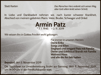 Traueranzeige von Armin Patz von WLZ