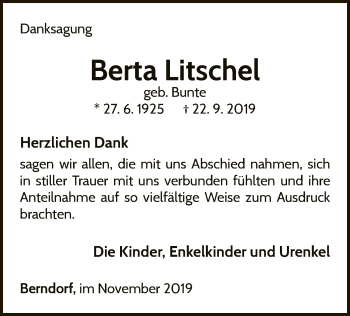 Traueranzeige von Berta Litschel von WLZ