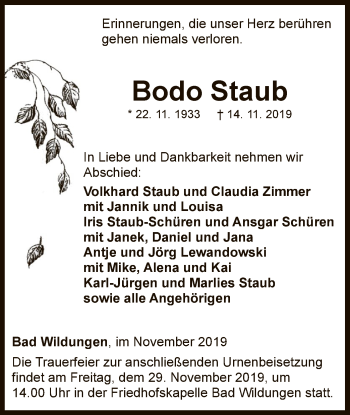 Traueranzeige von Bodo Staub von WLZ