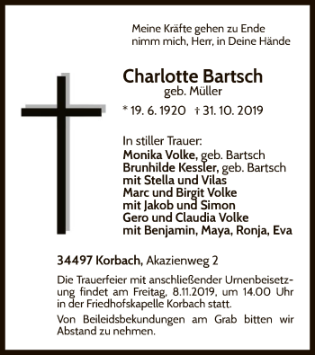 Traueranzeige von Charlotte Bartsch von WLZ