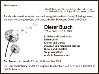 Traueranzeige von Dieter Busch von WLZ