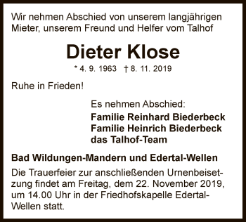 Traueranzeige von Dieter Klose von WLZ