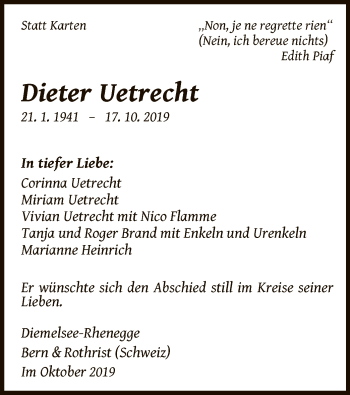 Traueranzeige von Dieter Uetrecht von WLZ