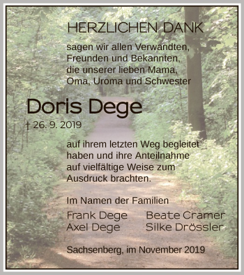 Traueranzeige von Doris Dege von WLZ