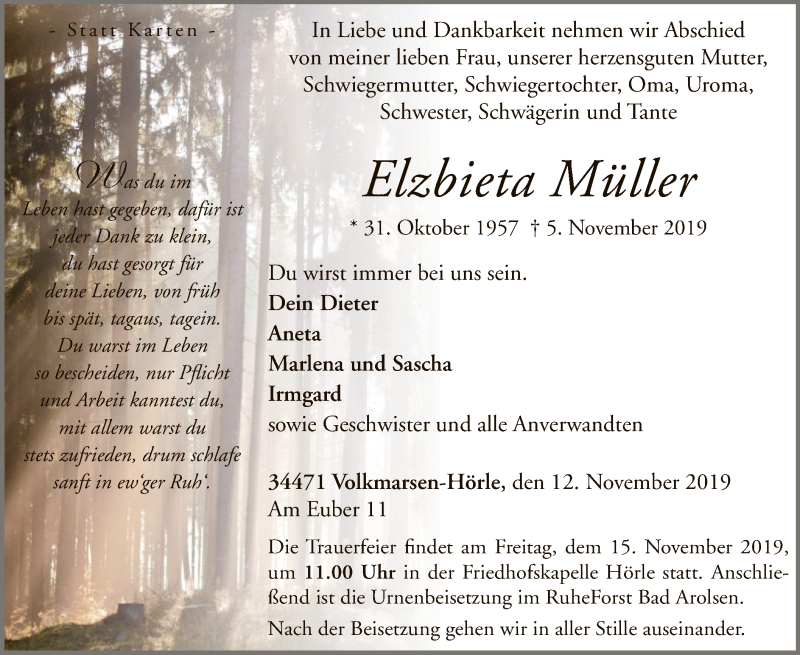  Traueranzeige für Elzbieta Müller vom 12.11.2019 aus WLZ