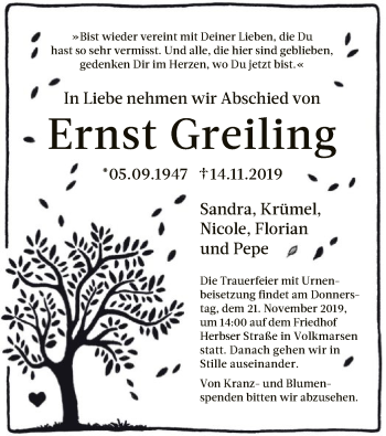 Traueranzeige von Ernst Greiling von WLZ
