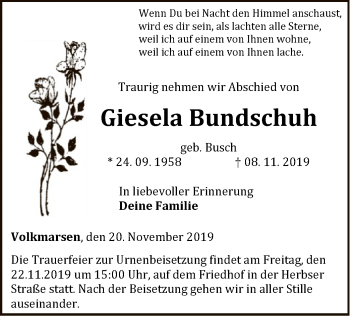 Traueranzeige von Giesela Bundschuh von WLZ