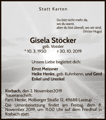 Traueranzeige von Gisela Stöcker von WLZ