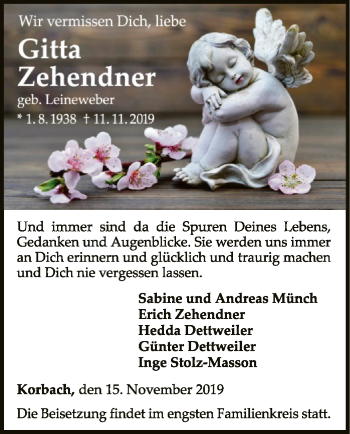 Traueranzeige von Gitta Zehender von WLZ