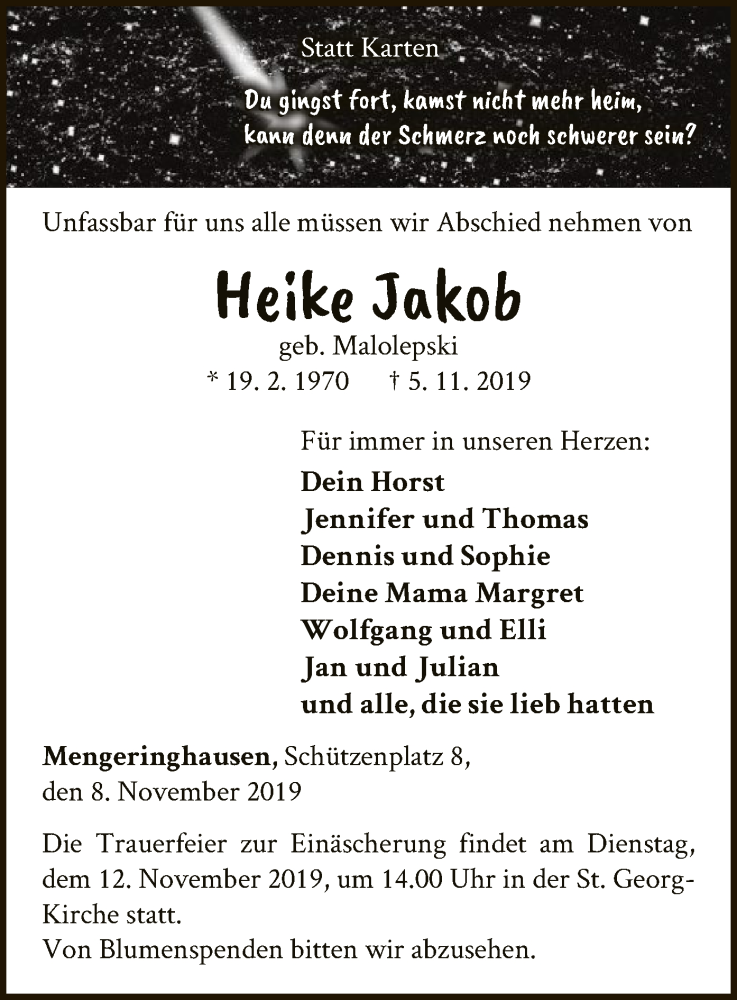  Traueranzeige für Heike Jakob vom 08.11.2019 aus WLZ