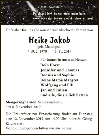 Traueranzeige von Heike Jakob von WLZ