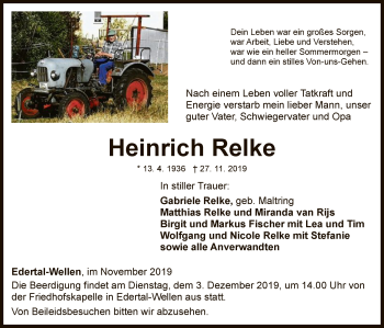 Traueranzeige von Heinrich Relke von WLZ