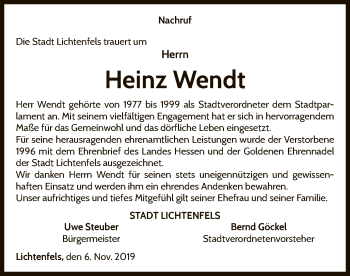 Traueranzeige von Heinz Wendt von WLZ