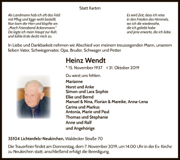 Traueranzeige von Heinz Wendt von WLZ