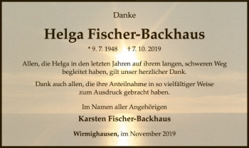 Traueranzeige von Helga Fischer-Backhaus von WLZ