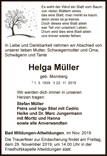 Traueranzeige von Helga Müller von WLZ