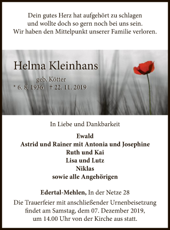 Traueranzeige von Helma Kleinhans von WLZ