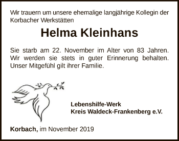 Traueranzeige von Helma Kleinhans von WLZ