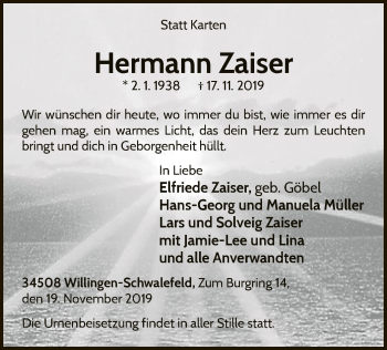 Traueranzeige von Hermann Zaiser von WLZ