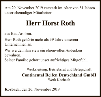 Traueranzeige von Horst Roth von WLZ