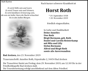 Traueranzeige von Horst Roth von WLZ
