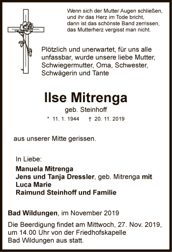 Traueranzeige von Ilse Mitrenga von WLZ
