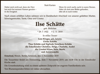 Traueranzeige von Ilse Schätte von WLZ