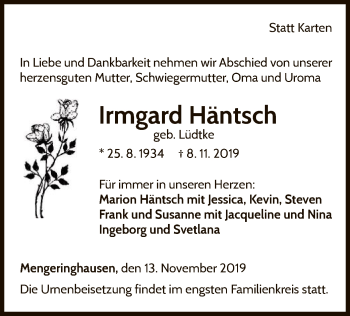 Traueranzeige von Irmgard Häntsch von WLZ