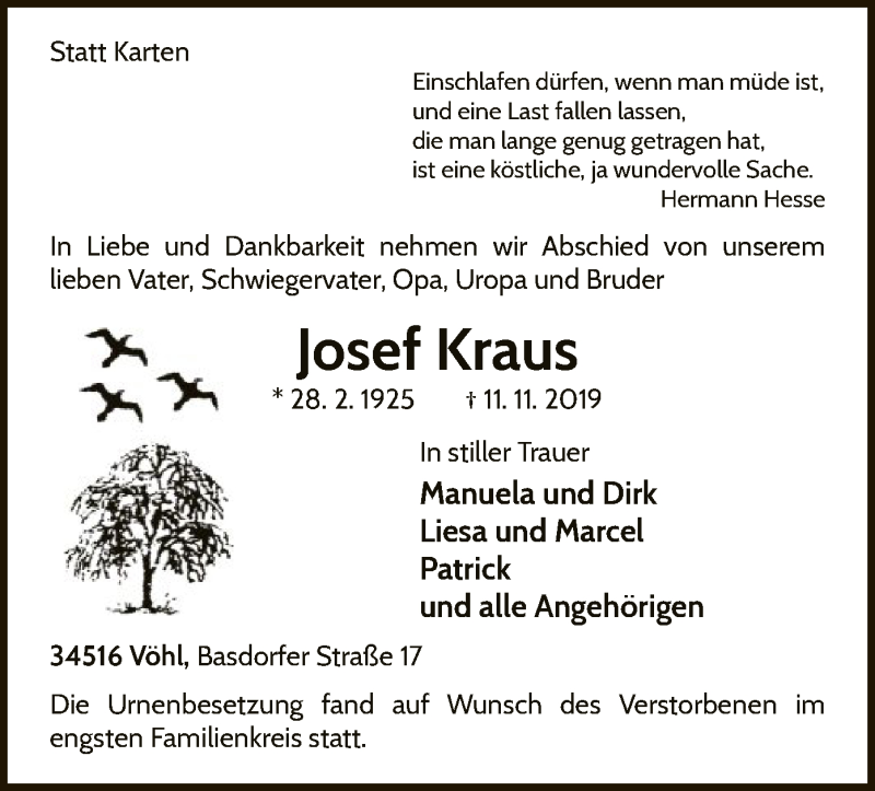  Traueranzeige für Josef Kraus vom 19.11.2019 aus WLZ