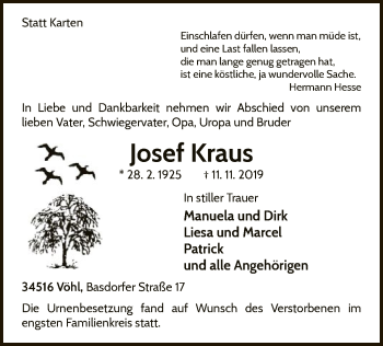 Traueranzeige von Josef Kraus von WLZ