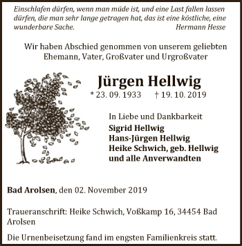 Traueranzeige von Jürgen Hellwig von WLZ