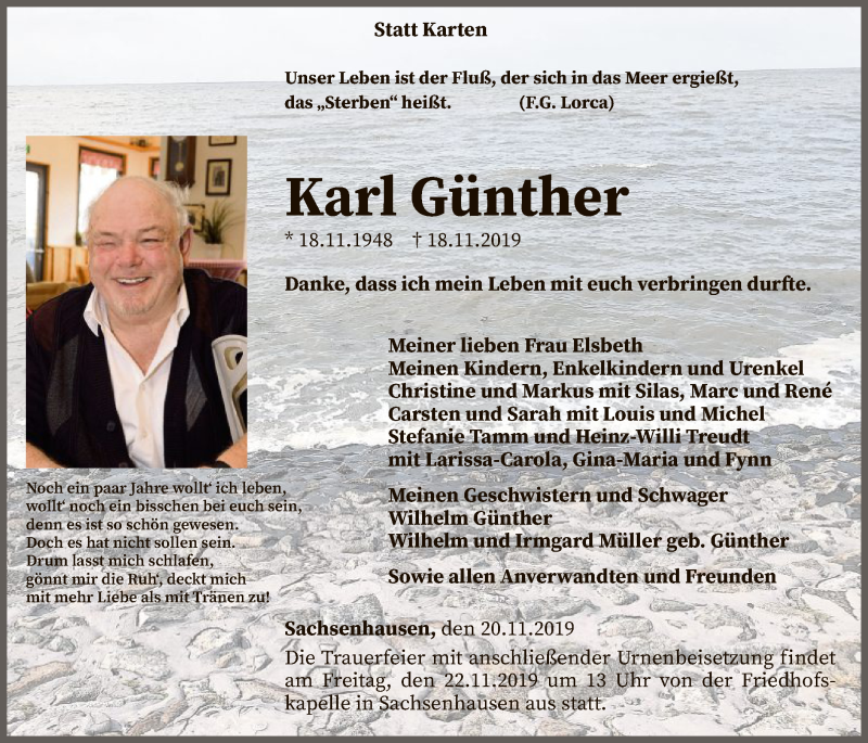  Traueranzeige für Karl Günther vom 20.11.2019 aus WLZ