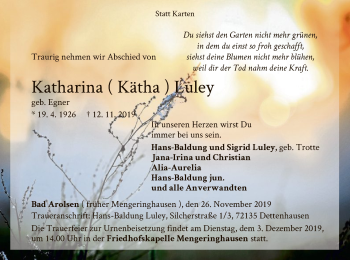 Traueranzeige von Katharina Luley von WLZ