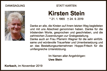 Traueranzeige von Kirsten Stein von WLZ