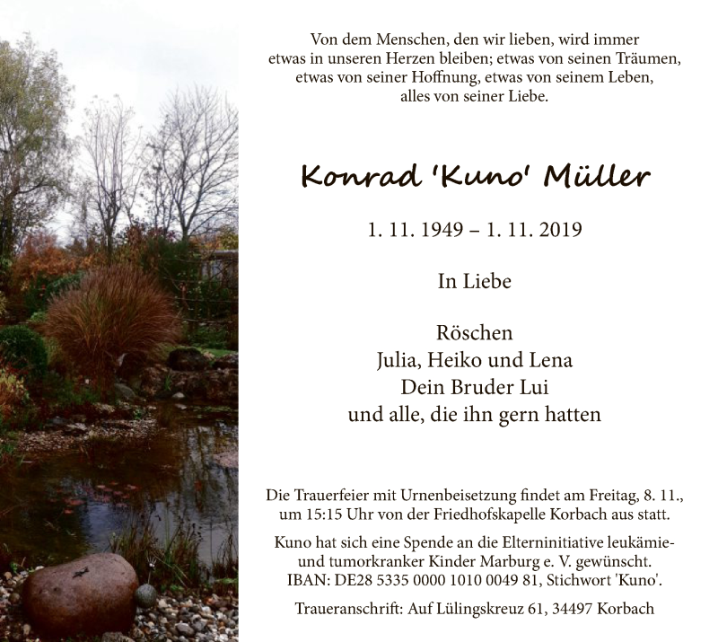  Traueranzeige für Konrad Müller vom 05.11.2019 aus WLZ