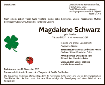 Traueranzeige von Magdalene Schwarz von WLZ