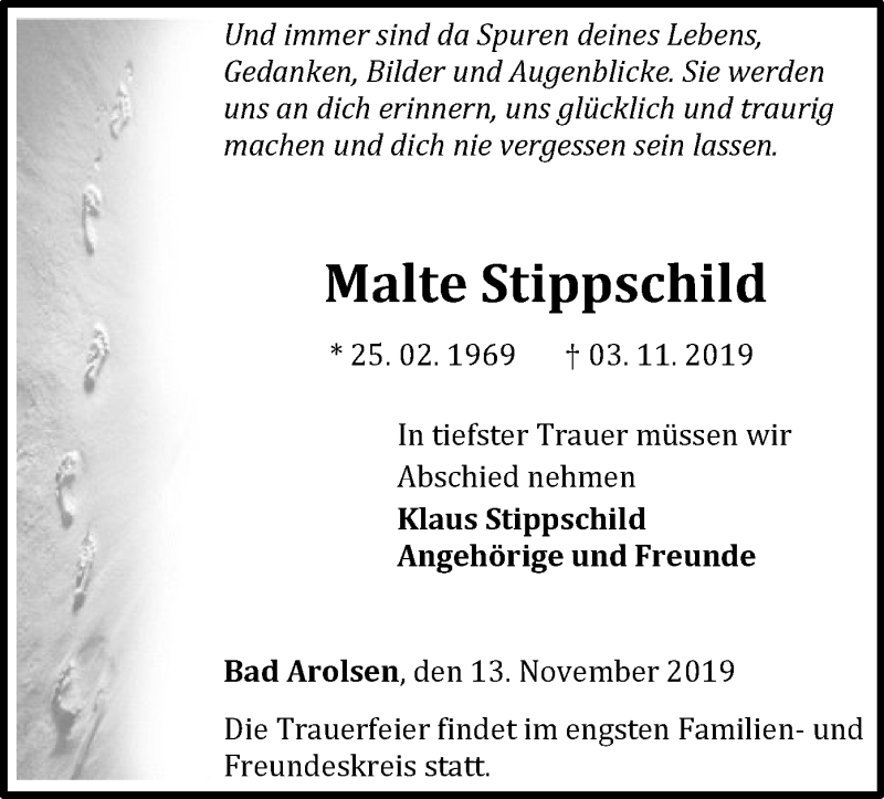  Traueranzeige für Malte Stippschild vom 13.11.2019 aus WLZ