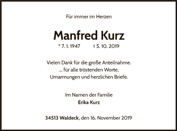 Traueranzeige von Manfred Kurz von WLZ
