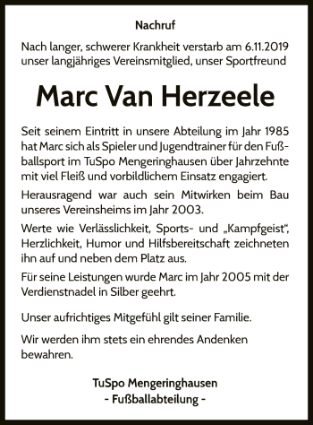 Traueranzeige von Marc Van Herzeele von WLZ