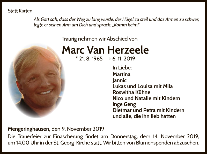  Traueranzeige für Marc Van Herzeele vom 09.11.2019 aus WLZ
