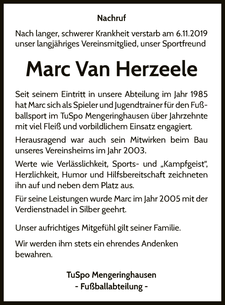  Traueranzeige für Marc Van Herzeele vom 13.11.2019 aus WLZ