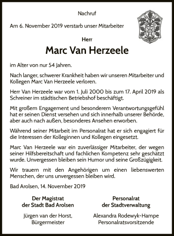 Traueranzeige von Marc Van Herzeele von WLZ