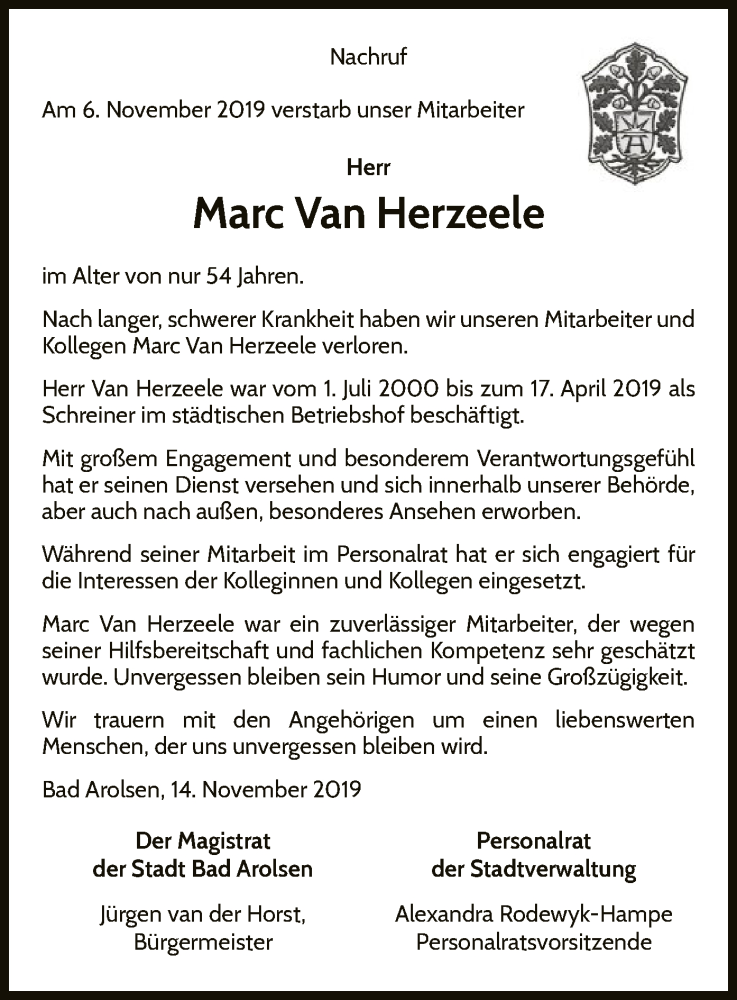  Traueranzeige für Marc Van Herzeele vom 14.11.2019 aus WLZ