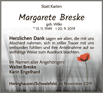 Traueranzeige von Margarete Breske von WLZ