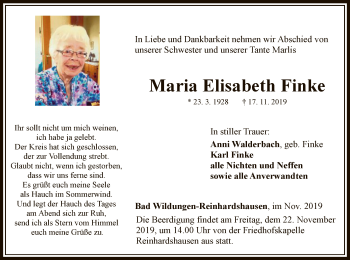Traueranzeige von Maria Elisabeth Finke von WLZ