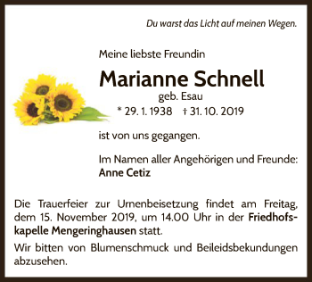 Traueranzeige von Marianne Schnell von WLZ