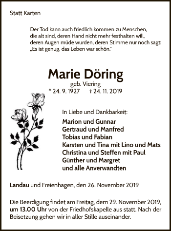 Traueranzeige von Marie Döring von WLZ